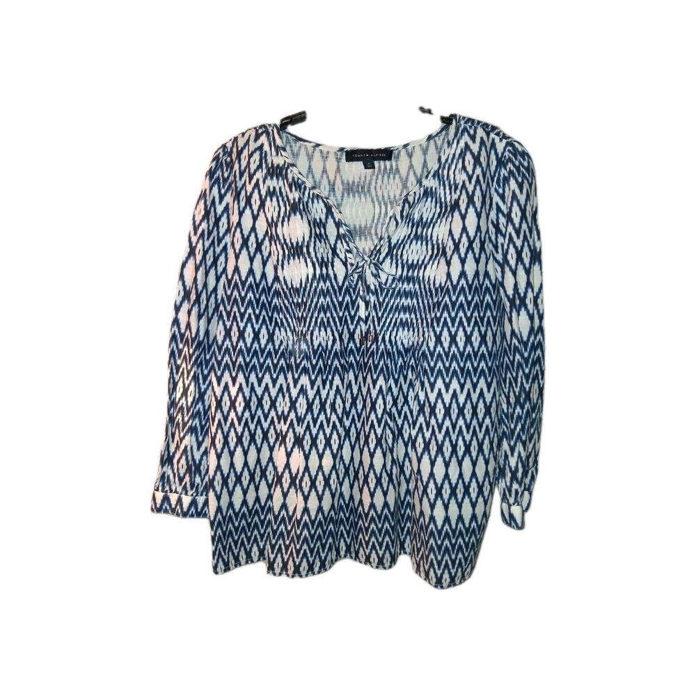 Tommy Hilfiger Women's Shirt Navy Blue  Pattern‎ Long Sleeve Round Neck Sz Large